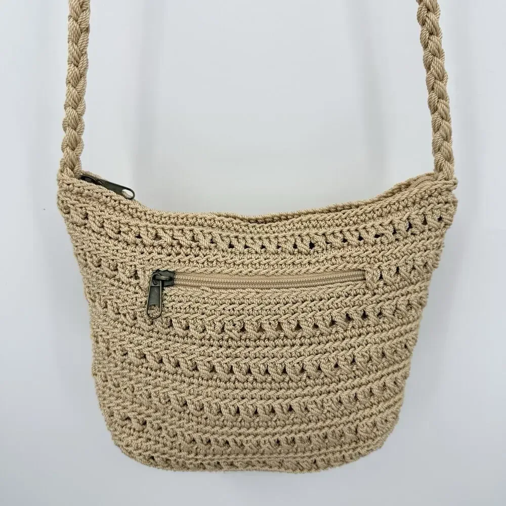 Croft & Barrow Crochet Crossbody Bag Beige‎ Woven Boho Summer Beach Vacation